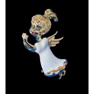 Vintage Beatrix Angel Brooch Pin With Gold-Tone Hair & White Enamel Dress 2"